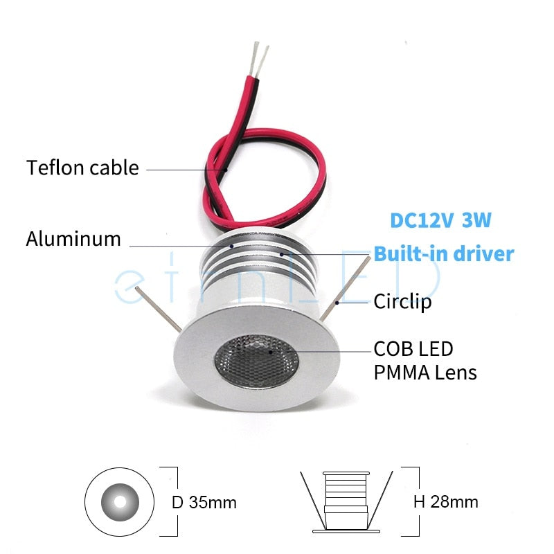 etrnLED 3W 4W Mini Led Spotlight Downlight 12V 24V Jewelry Display Ceiling Recessed Cabinet Spot Lamp with Driver Wire Connector