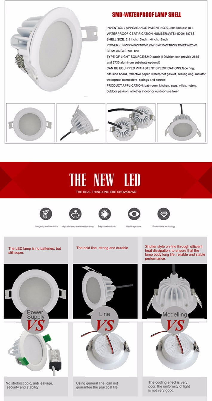 Waterproof IP65 AC 220V 5W /7W/9W/ Driverless dimmable Led panel light Cold white Warm white LED Downlight LED Light
