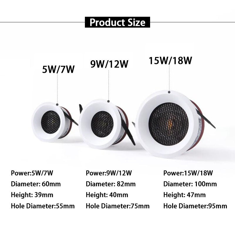 Dimmable LED Anti Glare Recessed Spotlight 5W/7W/9W/12W/15W/18W Honeycomb COB LED Ceiling Lamp Downlight for Indoor lighting