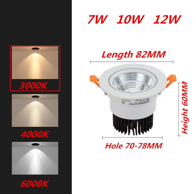 Dimmable LED Downlight COB Ceiling Spot Lighting 7W 10W 12W Led Bulb Bedroom Kitchen Indoor Ceiling Recessed Lights AC 85-265V