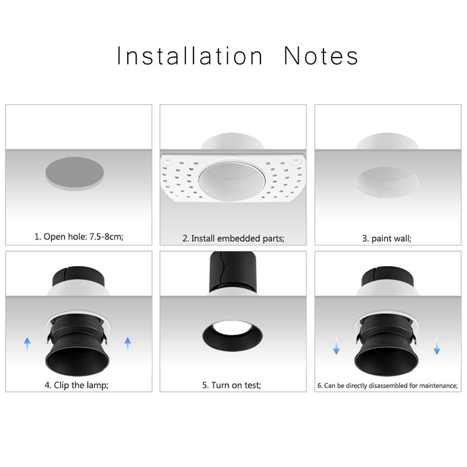 COOJUN led 5W Embedded Ceiling Lamp Frame Seamless Endless Downlight COB CRI Ra 93 Wall Wash Mini Spotlight Indoor Lamp