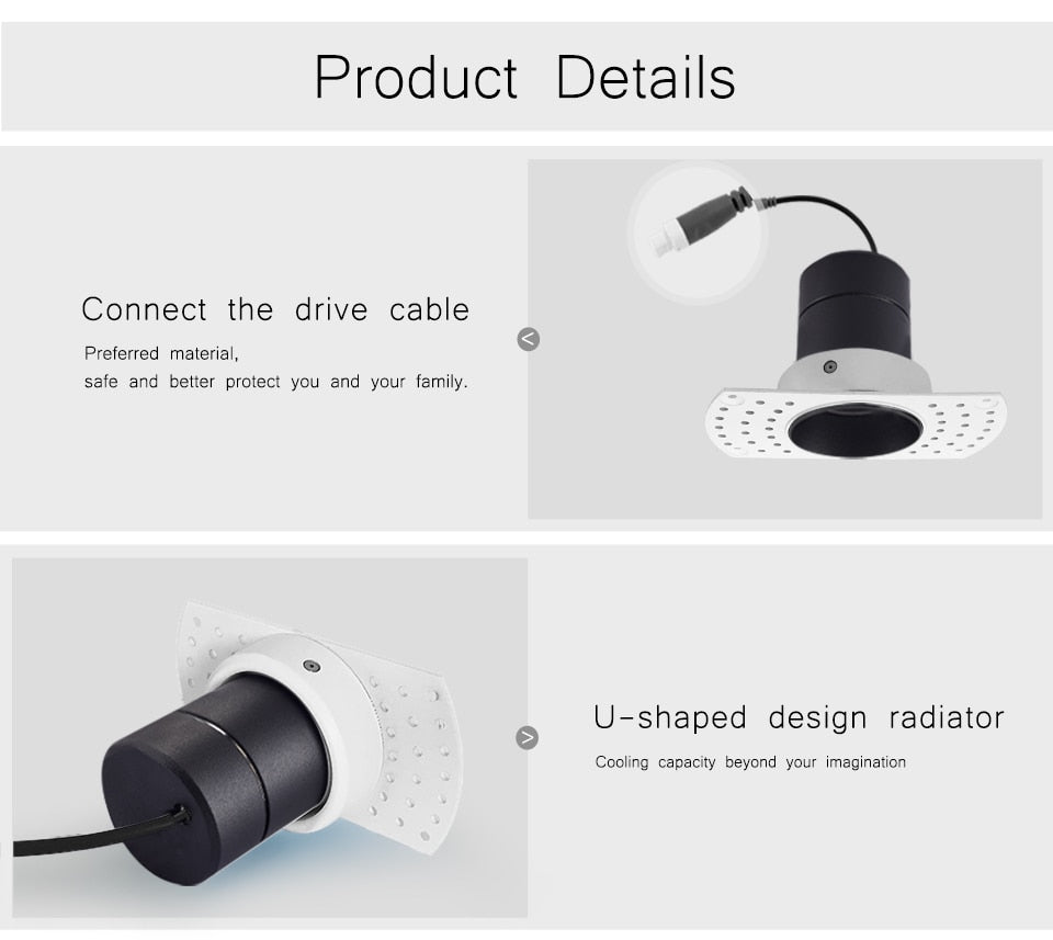COOJUN led 5W Embedded Ceiling Lamp Frame Seamless Endless Downlight COB CRI Ra 93 Wall Wash Mini Spotlight Indoor Lamp