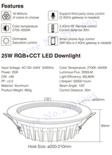 RGB+CCT recessed 25W indoor led ceiling Downlight dimmable AC100~240V hole size 200~210mm Compatible with 2.4G RF remote control