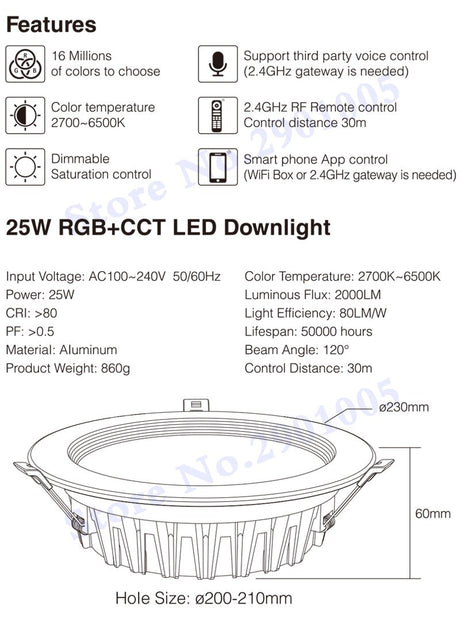 RGB+CCT recessed 25W indoor led ceiling Downlight dimmable AC100~240V hole size 200~210mm Compatible with 2.4G RF remote control