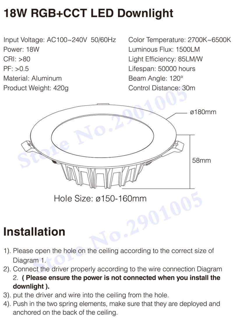 RGB+CCT recessed 25W indoor led ceiling Downlight dimmable AC100~240V hole size 200~210mm Compatible with 2.4G RF remote control