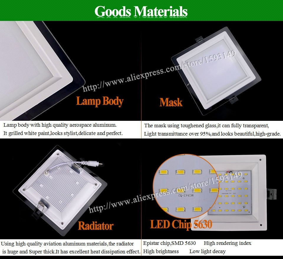 Dimmable LED Panel Downlight Super Bright Glass Square Ceiling Recessed Panel Lights SMD 5360 LED Spot Light Bulb AC110V 220V