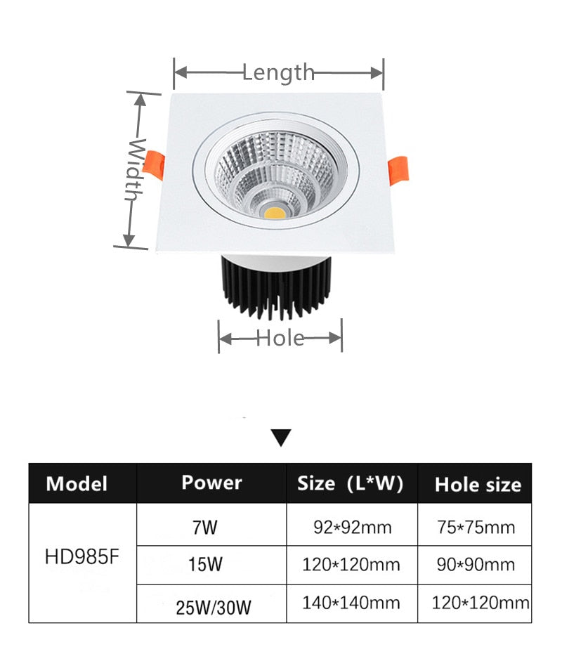 Anti-glare Square LED COB Downlight 7W 15W 25W 30W Dimmable 110V 220V Ceiling Spotlight 3000K 4000K 6000K For Bedroom Lighting