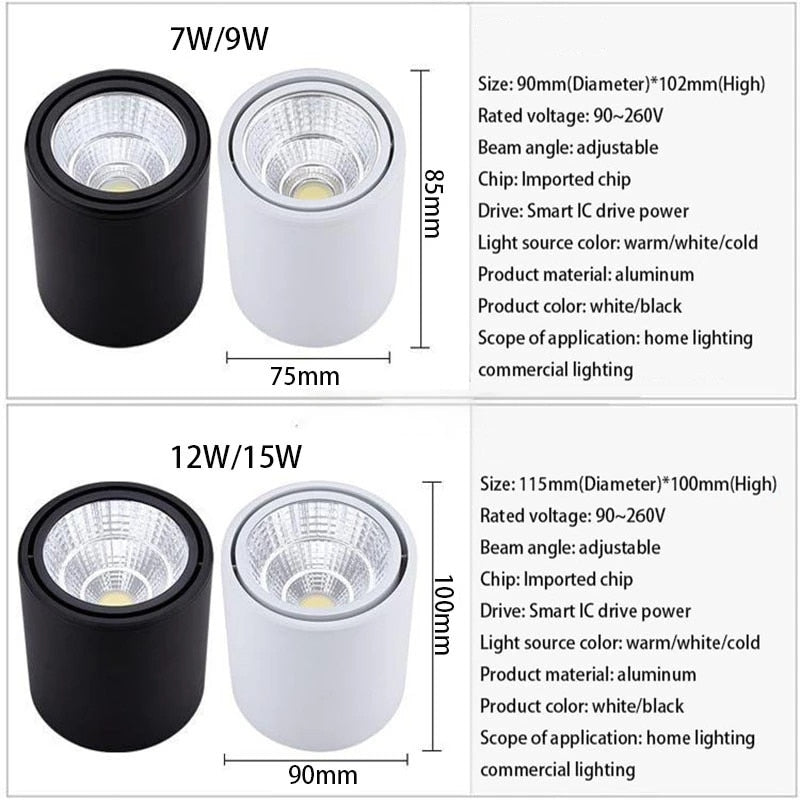 LED downlight Dimmable COB spotlight 7W 9W 12W 15W adjustable angle surface mounted light indoor lighting AC85-265V