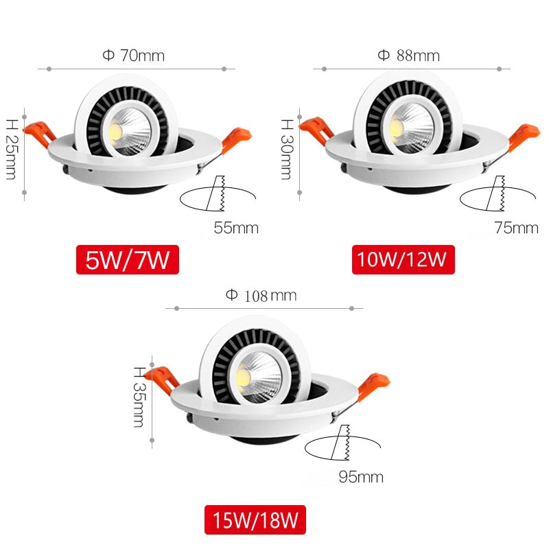 Round 360 Angle Adjustable LED COB Recessed Downlight Black/White 5W 7W 10W 12W 15W 18W LED Ceiling Spot Light Pic Background
