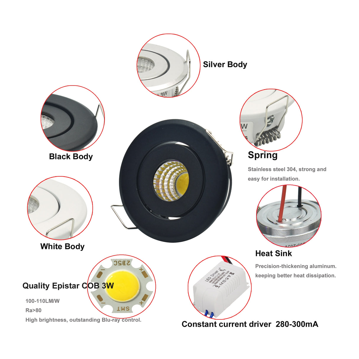 Mini COB Ceiling Light Showcase Jewery 12V 3W Cabinet Lighting LED Spot Light Cut Out Hole 40-45mm