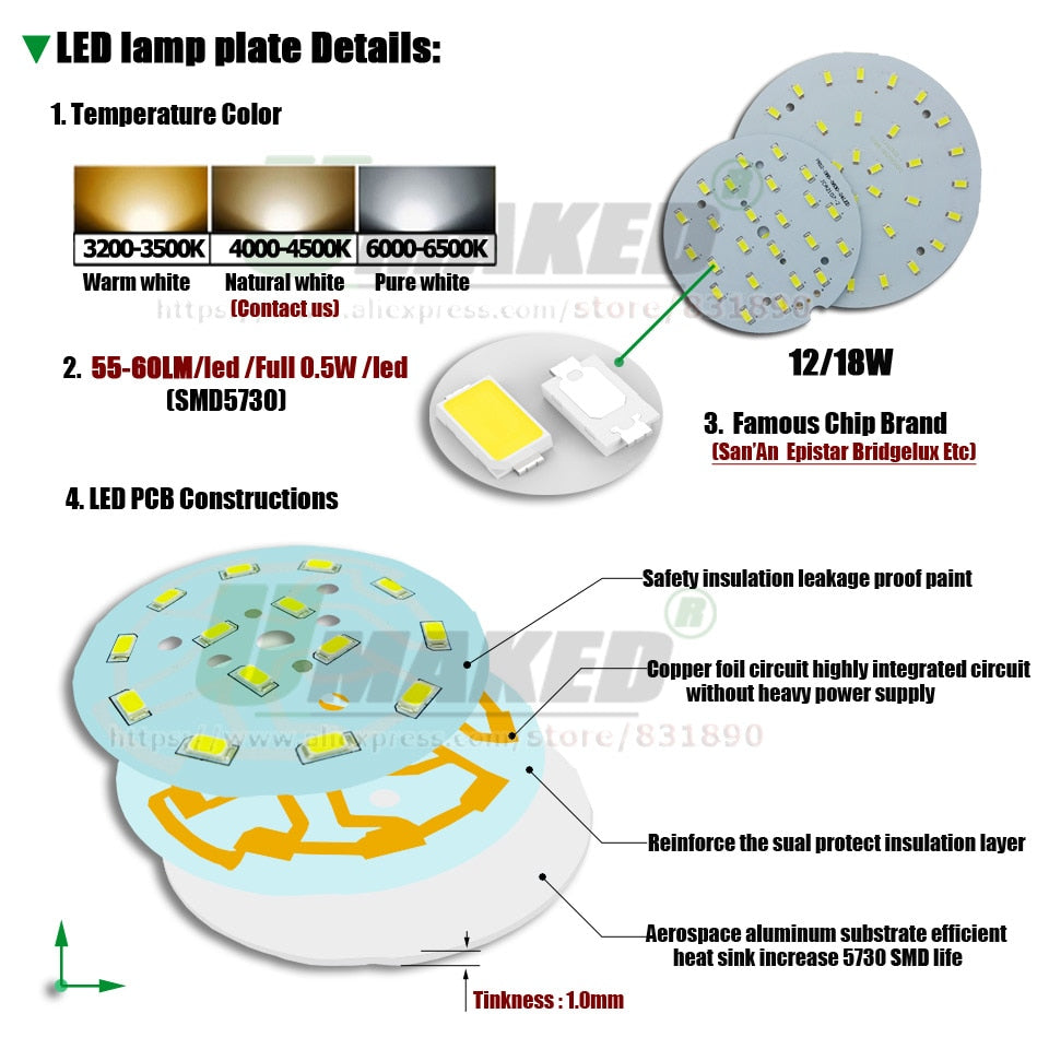 LED PCB 18W D112mm 2/10/20 Pcs LED Downlight Aluminum Plate Lighting Heatsink SMD5730 110lm/w Round Light Source For Ceiling lamps