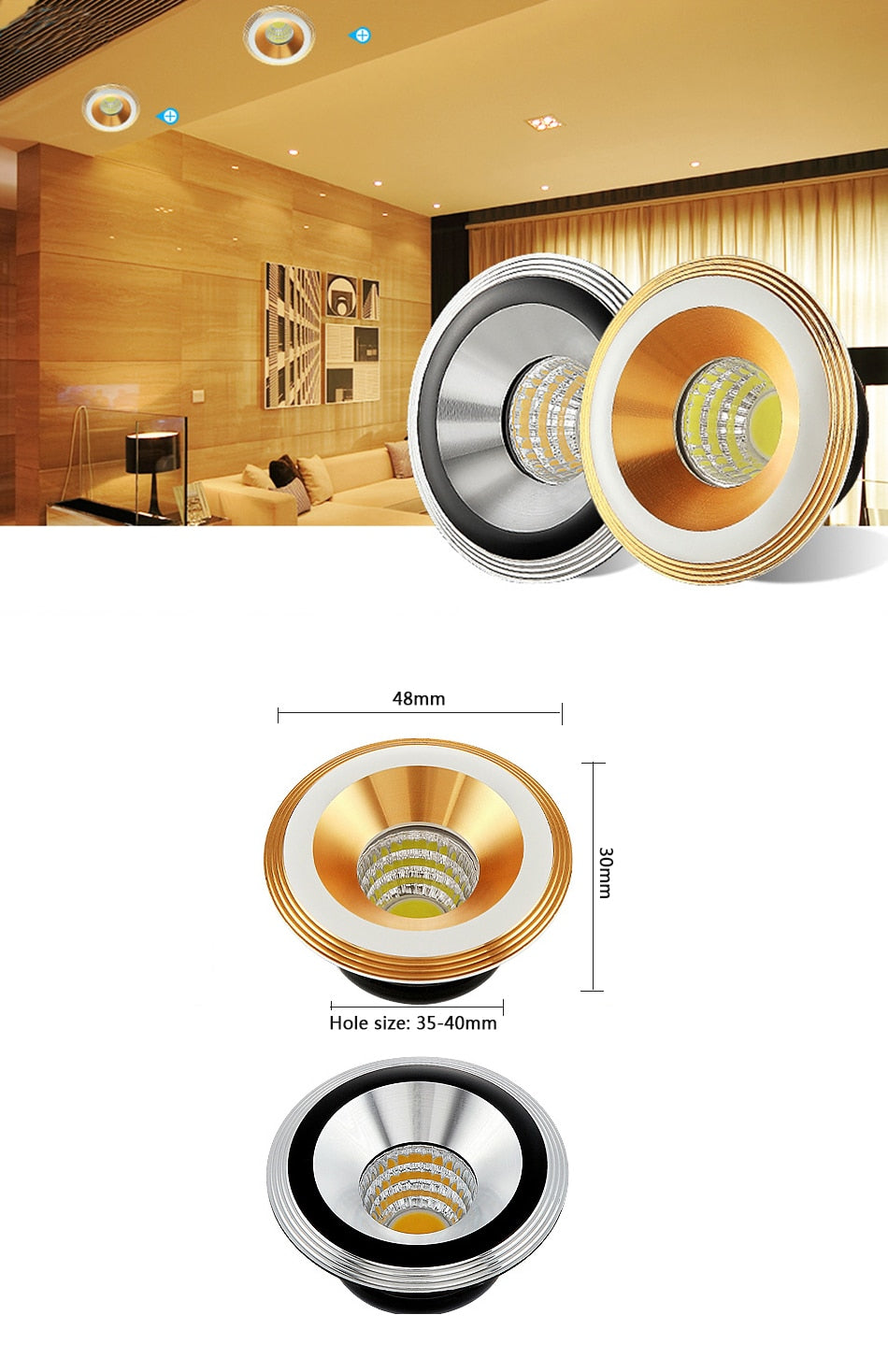Gold Black 3W COB Spotlights Mini led ceiling Downlight AC85-265V lighting bulb for cabinet counter showcase with Drive
