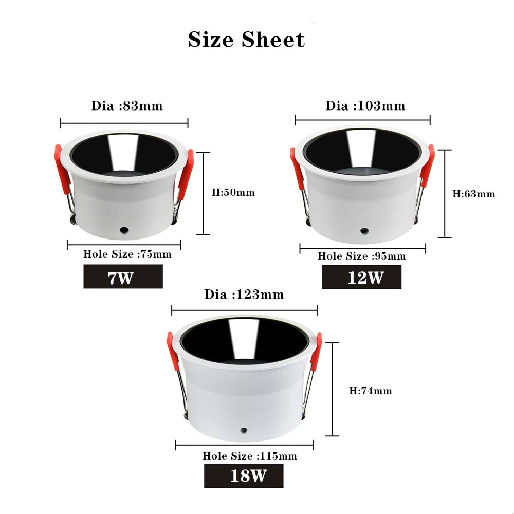 Anti-Glare LED Recessed Downlight 7W 12W Round Recessed Lamp 18W Led Ceiling Spot Light Indoor Background Spotlights AC220V 110V