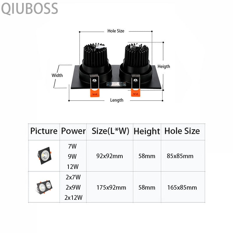 High Power Square LED Dimmable Ceiling Downlights Aluminum LED Ceiling Light COB AC90V-260V 7W/9W12W/2x7W/2x9W/2x12W LED Lamps