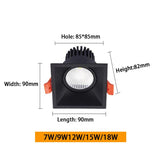 Square LED Embedded Dimmable Downlights 7W/9W/12W/15W/18W AC90~260V COB LED Recessed Spotlights Ceiling Lamps Indoor Lighting