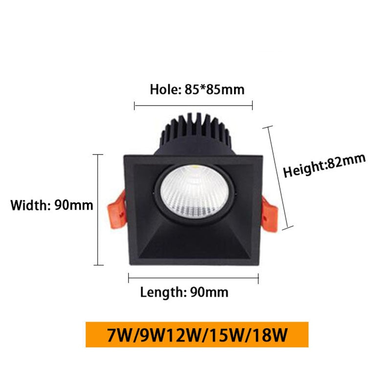 Square LED Embedded Dimmable Downlights 7W/9W/12W/15W/18W AC90~260V COB LED Recessed Spotlights Ceiling Lamps Indoor Lighting