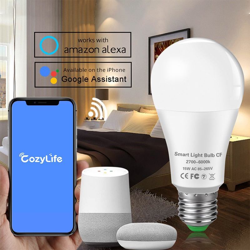 15W WiFi Smart LED Light Bulb E27 B22 Ampoule LED Intelligent Dimmable Night Lamp Apply to Alexa Google Home Alice Echo for Home