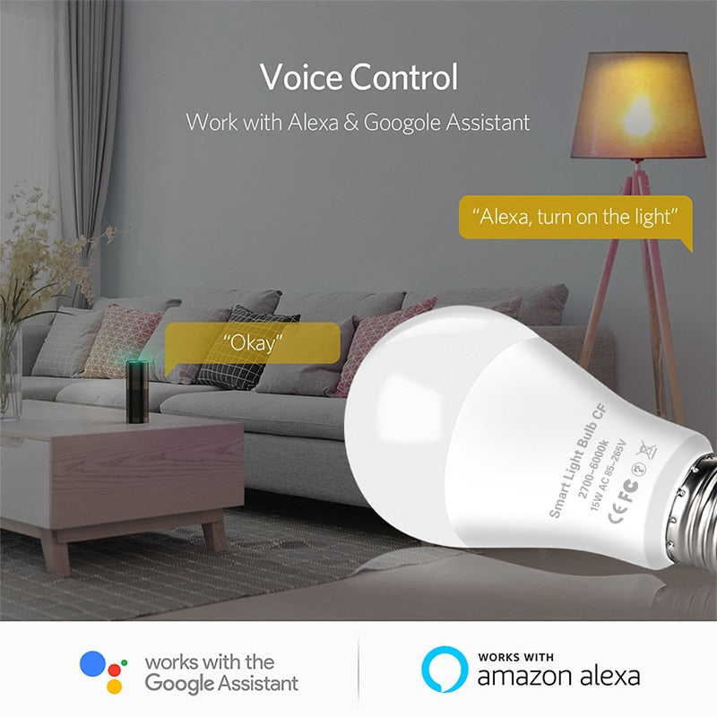 15W WiFi Smart LED Light Bulb E27 B22 Ampoule LED Intelligent Dimmable Night Lamp Apply to Alexa Google Home Alice Echo for Home