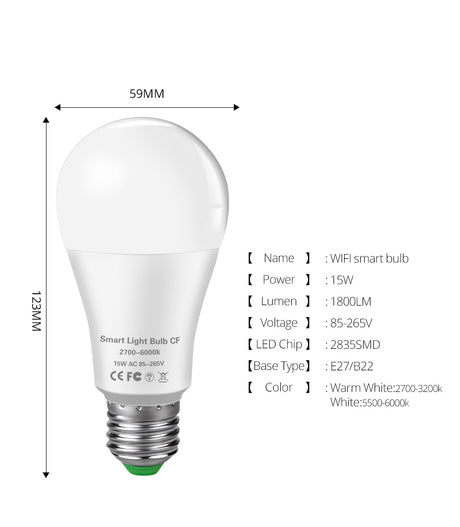 15W WiFi Smart LED Light Bulb E27 B22 Ampoule LED Intelligent Dimmable Night Lamp Apply to Alexa Google Home Alice Echo for Home