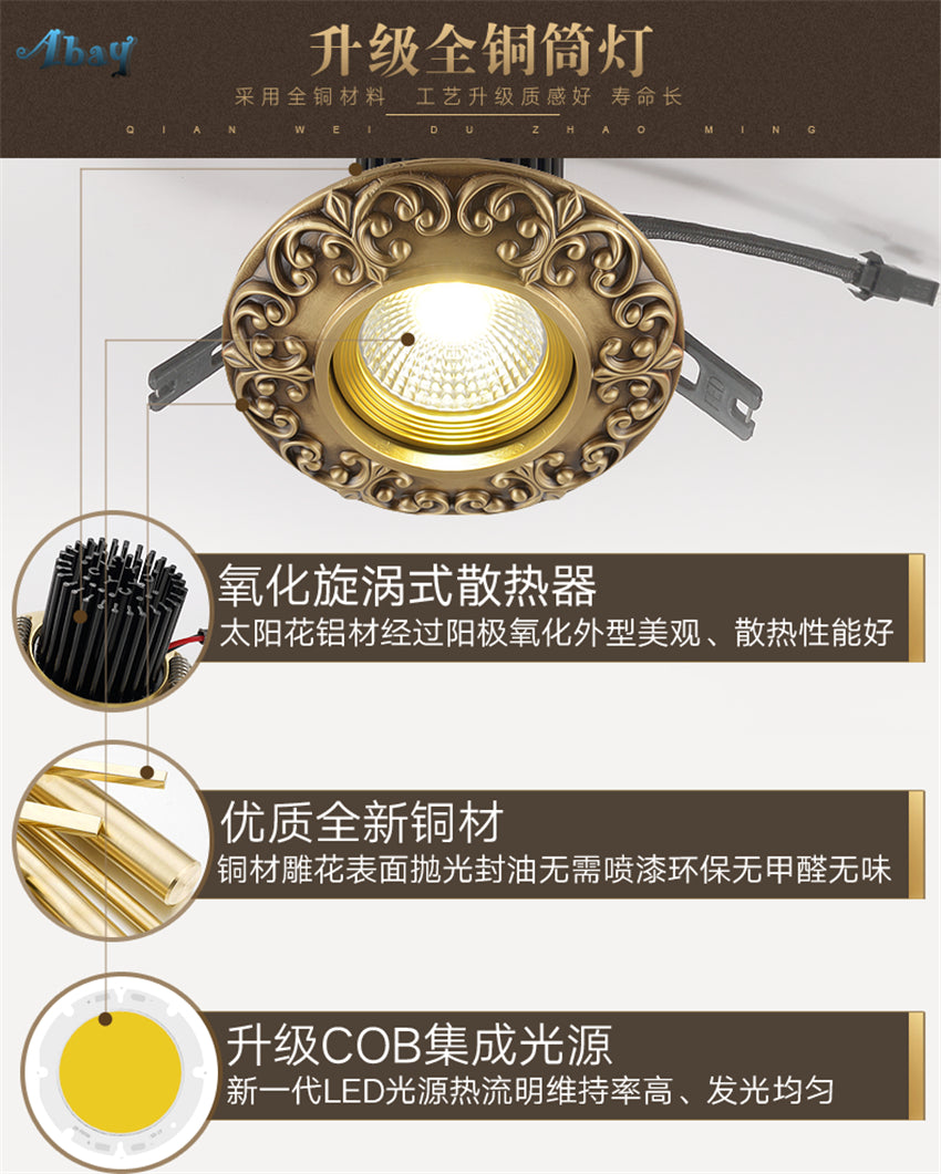 Copper European Downlight Household Spotlights Led Ceiling Living Room Lights Cob Bulb Embedded Bull Eye Lamps Hole Lighting