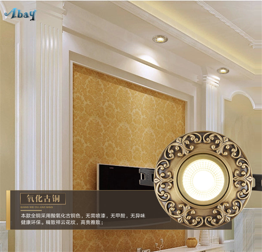 Copper European Downlight Household Spotlights Led Ceiling Living Room Lights Cob Bulb Embedded Bull Eye Lamps Hole Lighting