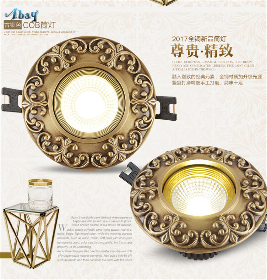 Copper European Downlight Household Spotlights Led Ceiling Living Room Lights Cob Bulb Embedded Bull Eye Lamps Hole Lighting