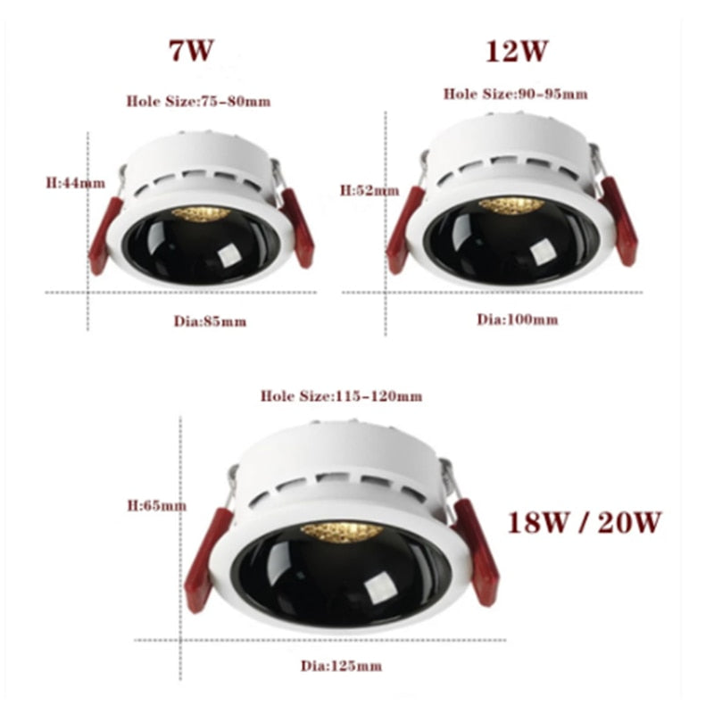 Anti-glare Recessed Ceiling Downlight lamp 7W 12W 18W 20W honeycomb cob led spot lights Ceiling Fixtures Lighting 85-265V