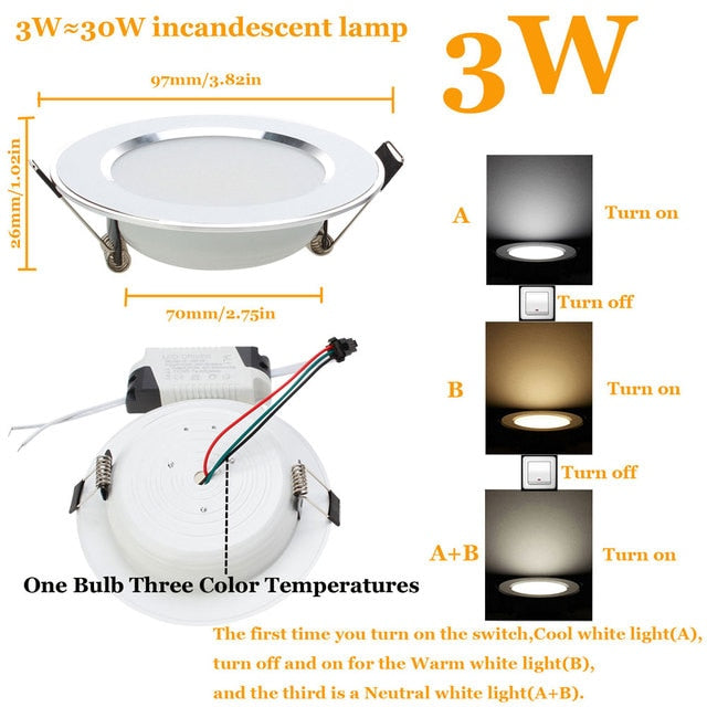 LED Downlight 3W 5W 7W 9W 12W 15W 18W Round Recessed Lamp 85-265V Cool+Neutral+Warm White Led Bulb Indoor LED Spot Lighting