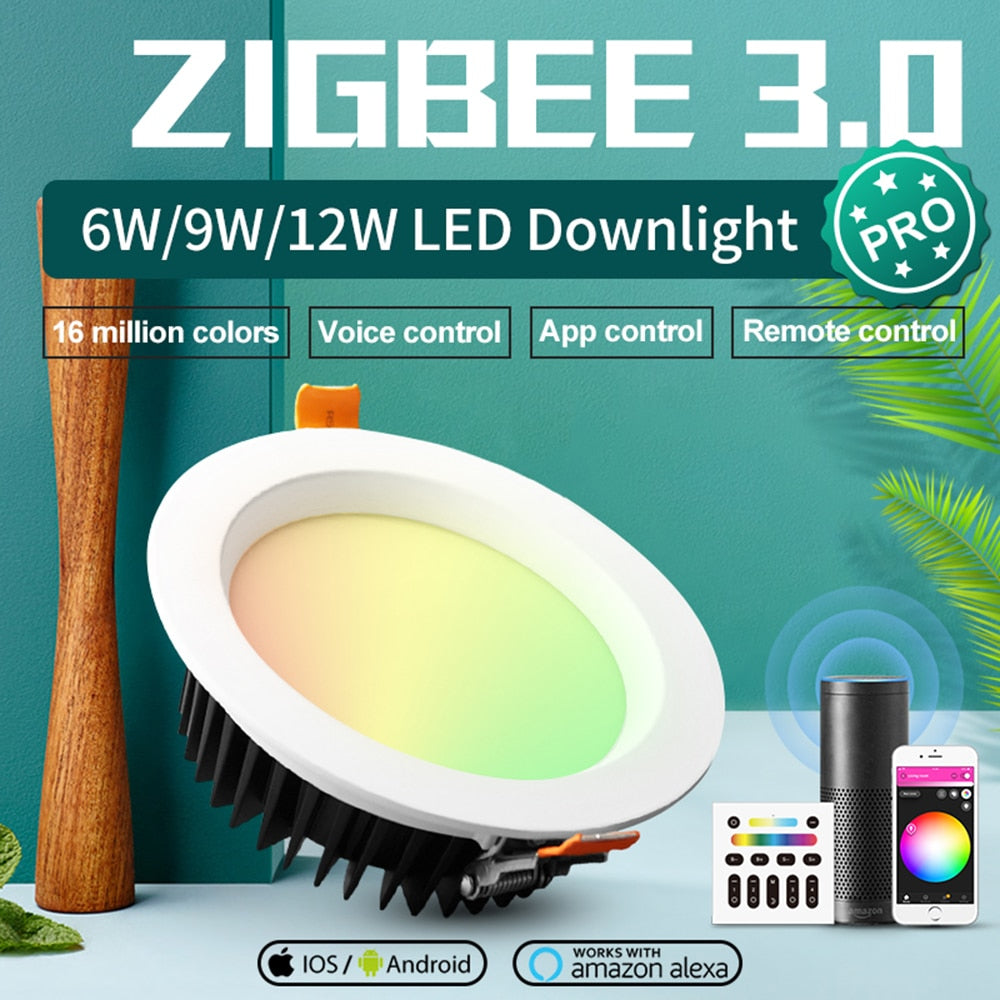 GLEDOPTO ZigBee 3.0 Smart Ceiling Downlight Pro RGBCCT 6W 9W 12W work with Amazon Echo Plus SmartThings App Voice Remote Control
