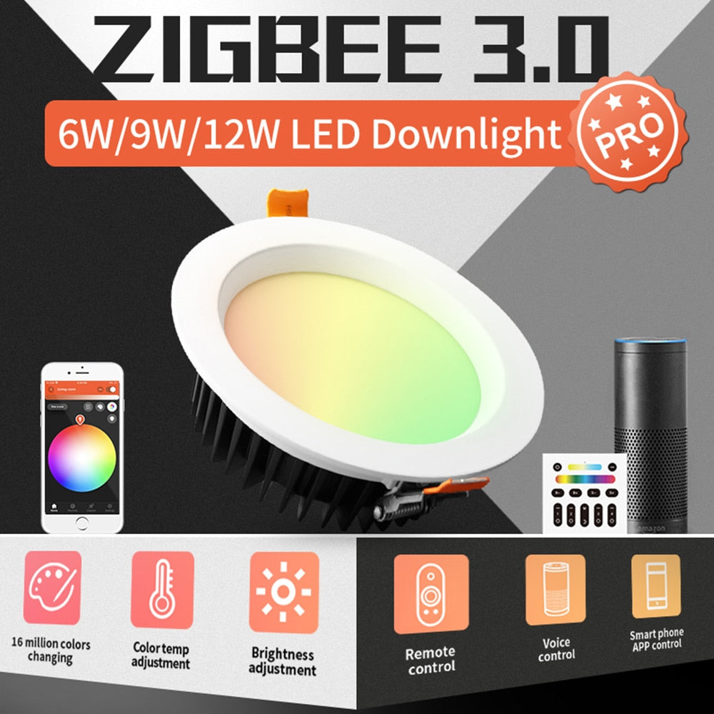GLEDOPTO ZigBee 3.0 Smart Ceiling Downlight Pro RGBCCT 6W 9W 12W work with Amazon Echo Plus SmartThings App Voice Remote Control