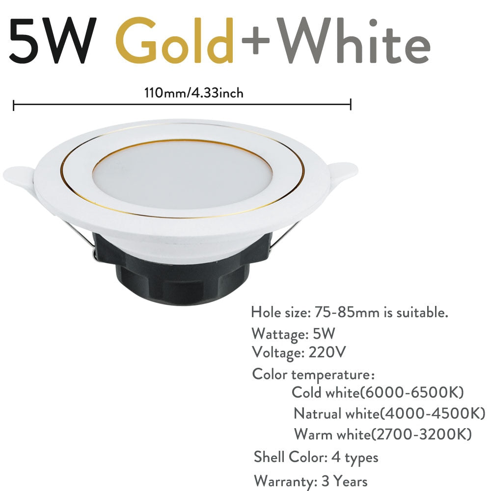 Gold Silver White LED Downlight Fxiture 5W Cool Warm LED Recessed Ceiling Down Light Lamps Decor Lighting AC 220V Replace 45W