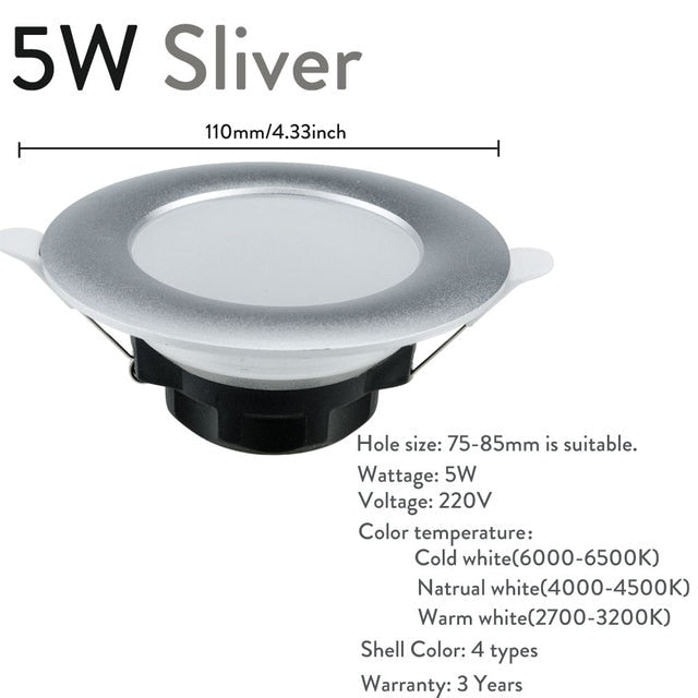 Gold Silver White LED Downlight Fxiture 5W Cool Warm LED Recessed Ceiling Down Light Lamps Decor Lighting AC 220V Replace 45W