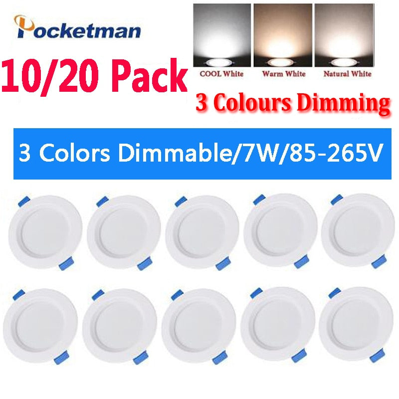 LED Downlight 10/20 Pack 220V 7W 3 Colours Dimmable LED Downlight Round Recessed Ceiling Panel Light LED Down Light Fixture Lamp Ceiling Lamp