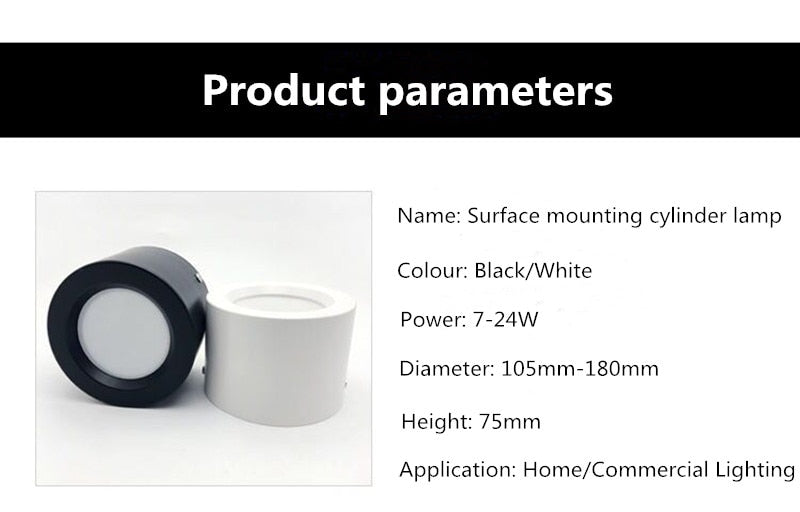 Round Surface Mounted LED Downlights 7W 12W 15W 18W 24W Mounted Ceiling Lamps Spot Light 220V Down Light black / white body