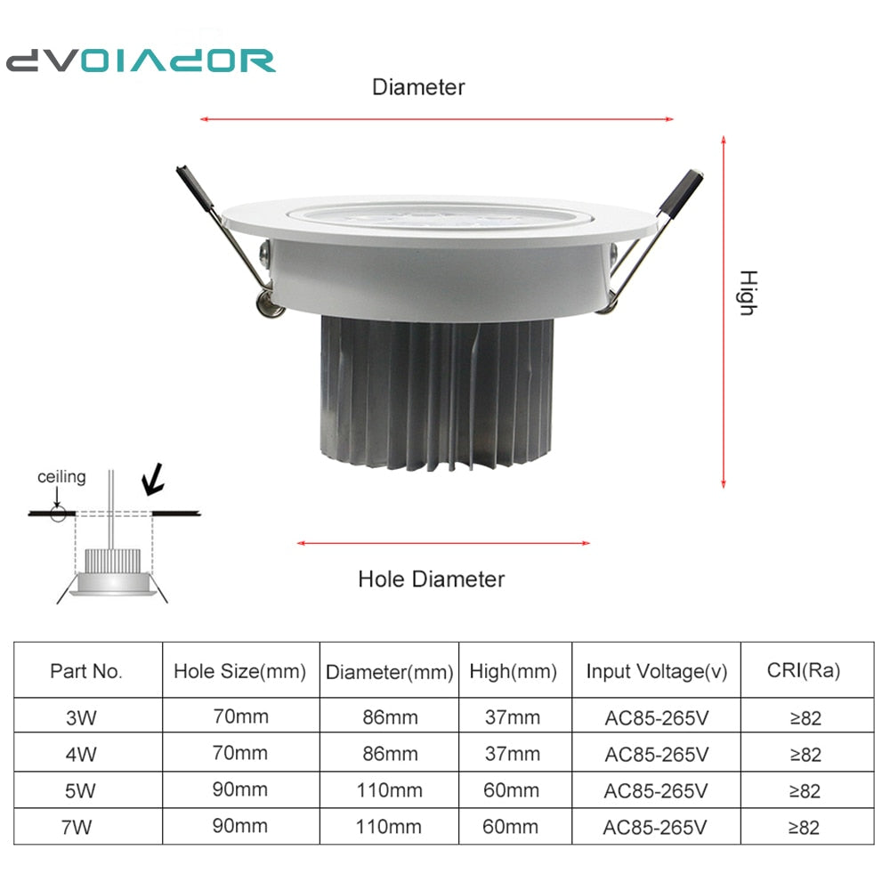 DVOLADOR Dimmable AC85V-265V 7W/5W/4W/3W LED Downlight Warm White/White Spot Light Ceiling Recessed Home Lighting Fixture