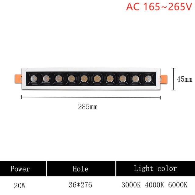 LED line Downlight Recessed Rectangle Grille Ceiling Lamp 4W 10W 20W 30W AC85~265V LED Spot Light For Home Shop Decor
