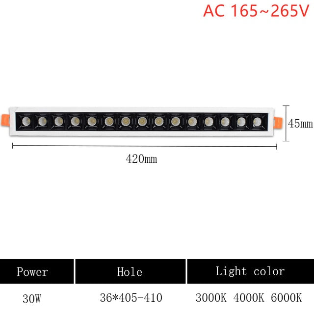 LED line Downlight Recessed Rectangle Grille Ceiling Lamp 4W 10W 20W 30W AC85~265V LED Spot Light For Home Shop Decor