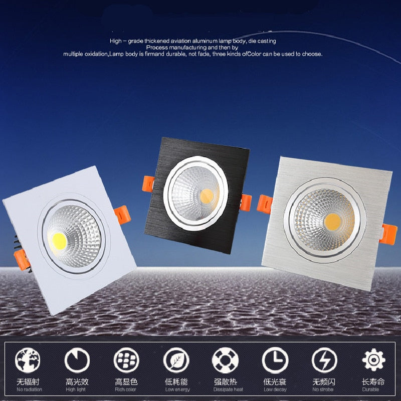 Square Dimmable Recessed LED Downlight 7W 9W 12W 15W COB LED Ceiling Lamp Spot Lights AC110-220V LED Panel Light Indoor Lighting