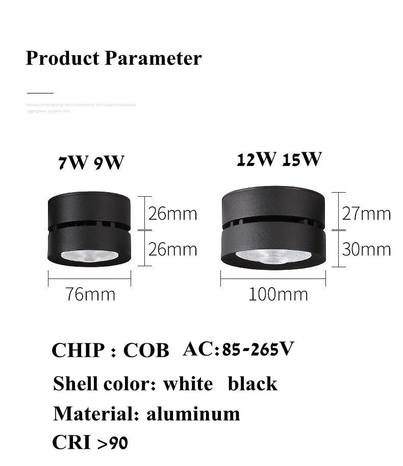 Round shape 360 Adjustable Angle Led Cob Downlight Black / White 7W 9W 12W 15W Led Ceiling Spot Light Pic Background Spotlights