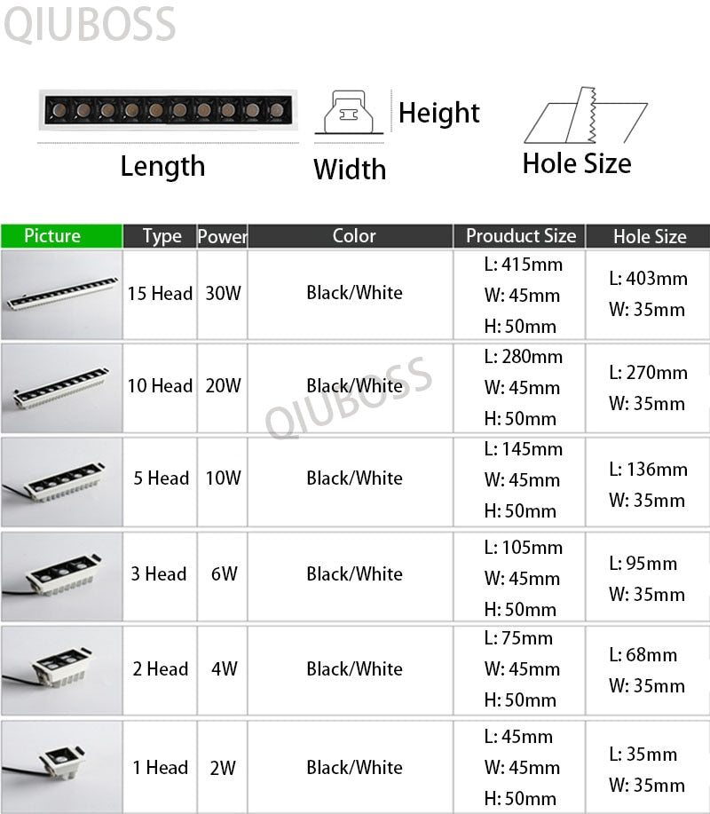 High Power Dimmable LED Recessed Striplight LED Ceiling Lights 2W/4W/6W/10W/20W/30W COB LED Downlight AC90~260V Indoor Lighting