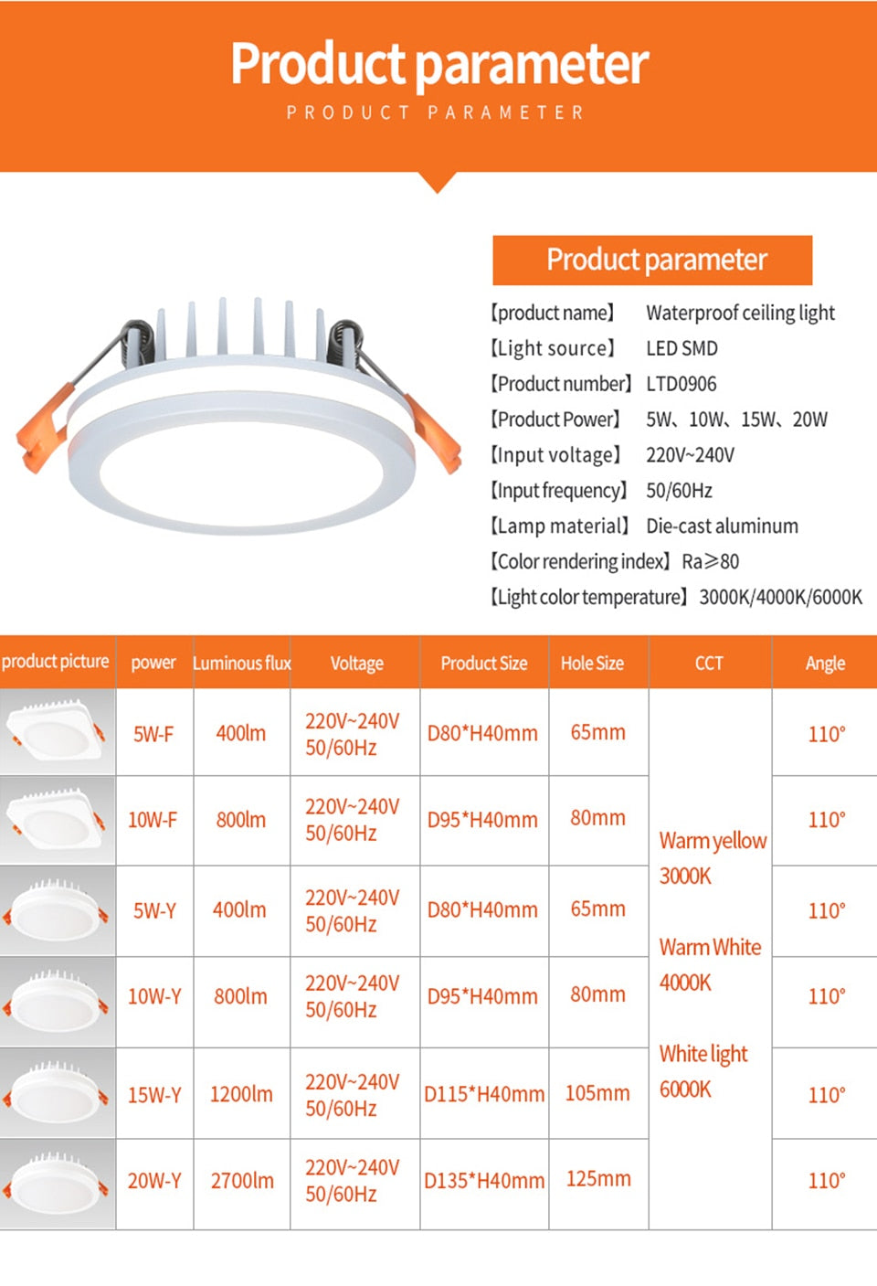 Recessed LED Downlight Aluminum Ceiling Spot Light Waterproof Down Lights For Bathroom 10W 15W 20W Indoor Lamp