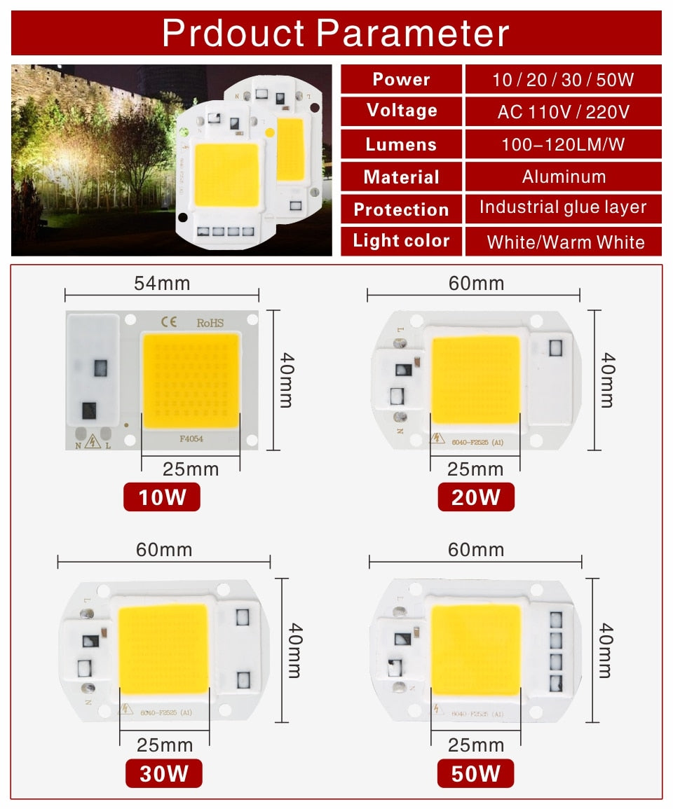LED Chip 10W 20W 30W 50W 220V 110V COB Lamp Beads Smart IC No Need Driver LED Bulb for Flood Light Spotlight Diy Lighting