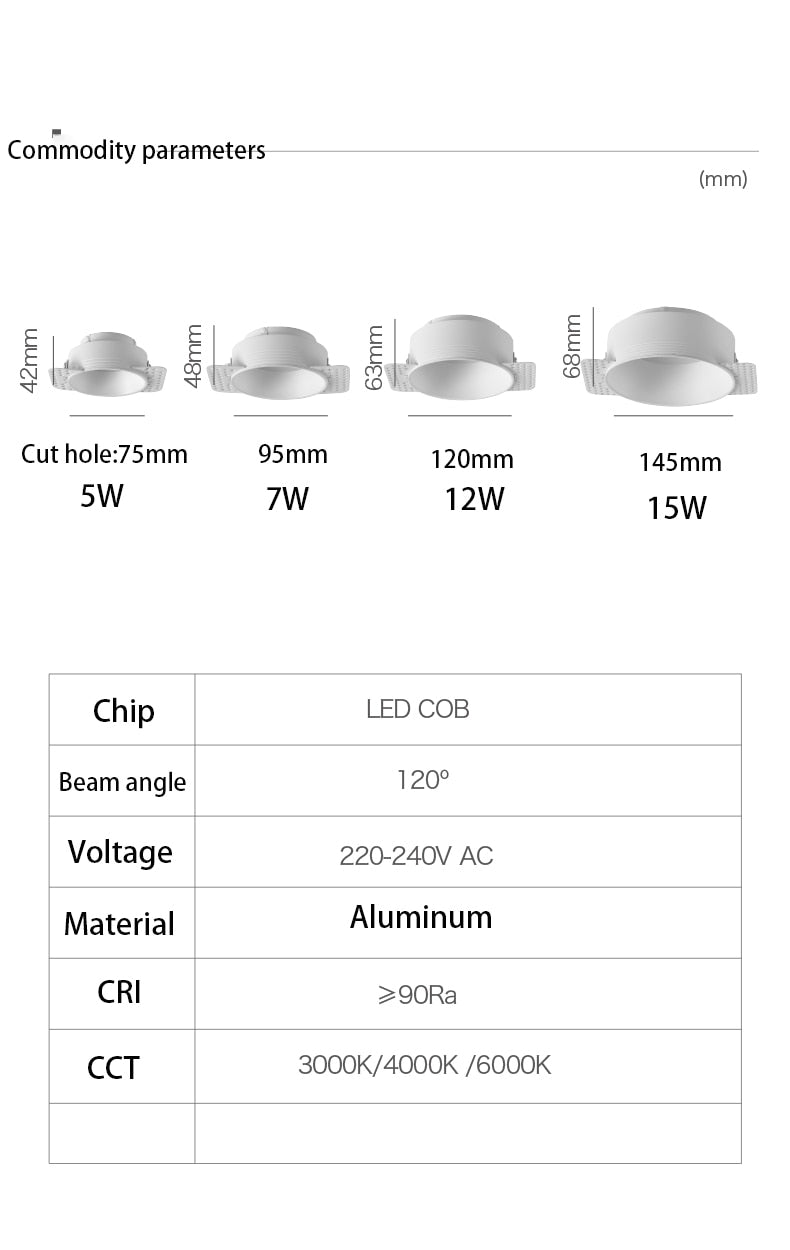 Saiyo Trimless Round COB Led Downlights High End Recessed Ceiling Spot Lights Lamps For Indoor Residential Home