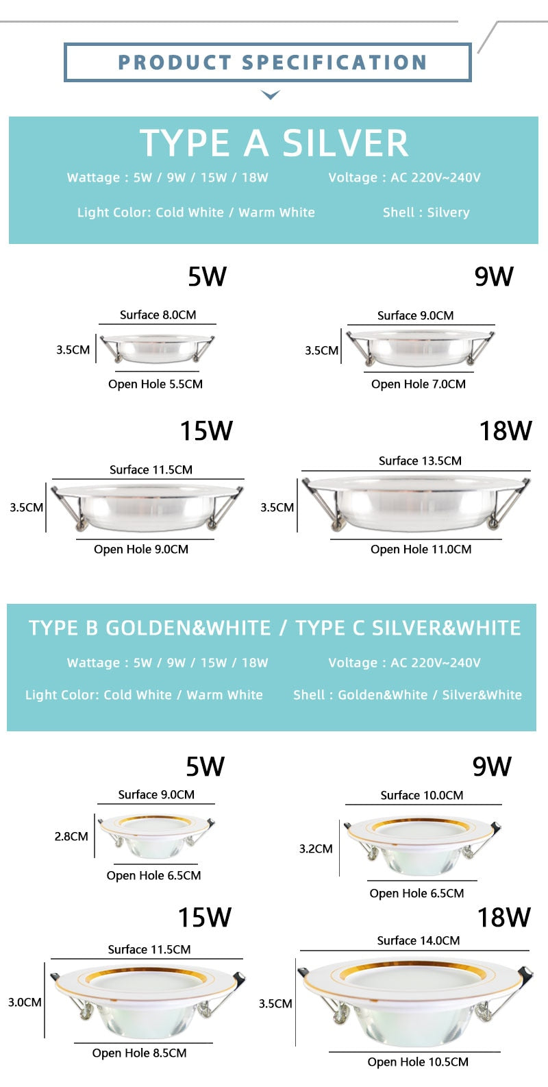 Led Downlight 3W 5W Downlight AC220V-240V Warm Cold White recessed led downlight Kitchen living room Indoor recessed downlight