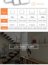 HOT LED Panel Lights Ultrathin Downlight 6W 8W 15W 20W 220V Square Round Panel Light White/Warm Indoor Bedroom LED Ceiling Light