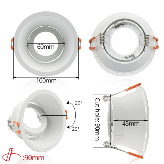LEDIARY White Recessed LED Ceiling Light Adjustable Frame MR16 GU10 Bulb Changeable Fixture Downlight Holder 75MM 90MM Cut Hole