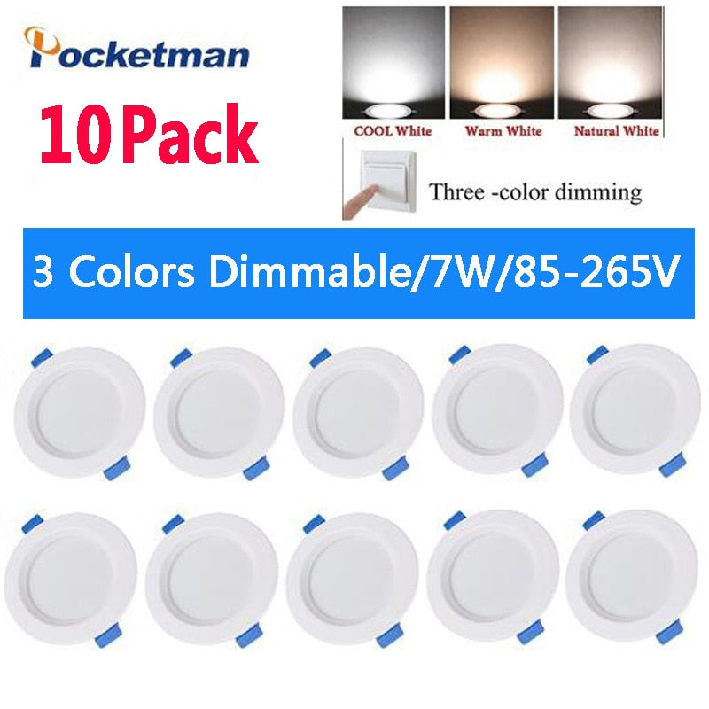 LED Downlight 10/6 Pack 85-265V 7W 3 Color Dimmable Round Led Recessed Ceiling Panel Light Led Down Light Downlight Fixture Lamp Ceiling Lamp