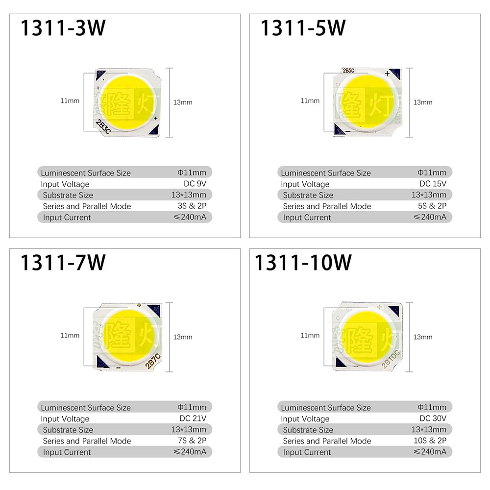 LED COB Chip 3w 5w 7w 10w 10 pcs/lot 1311 Cob Lamp Beads 240mA Warm White Light Source For Rail Spotlight Commercial Downlight