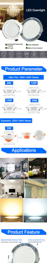 LED Panel Light 220V Spot Light Lamp Ultra Thin Recessed Downlight LED Indoor Lighting Kitchen 5W 9W 12W 18W