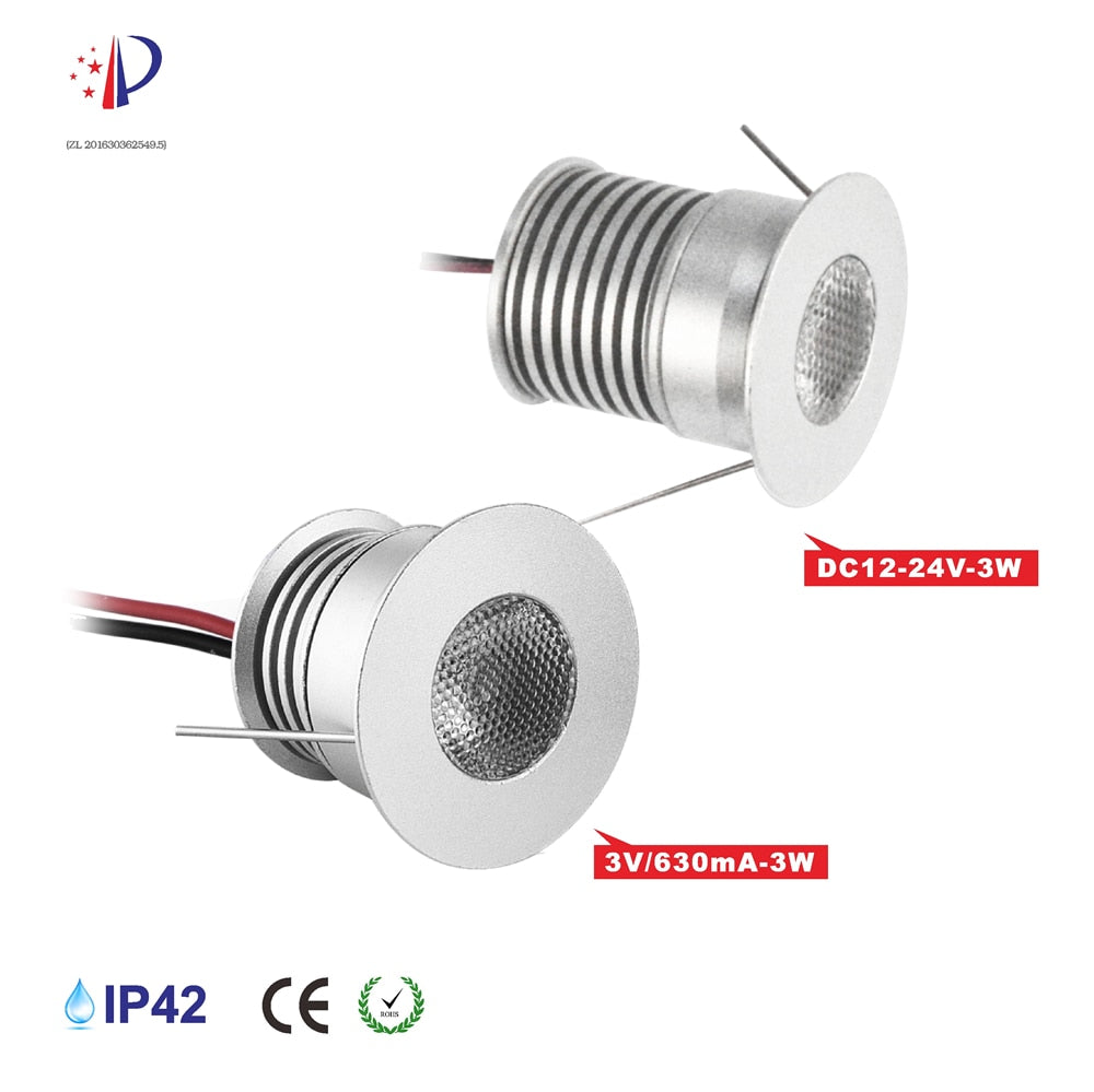 Super Bright 3W LED Spotlight With Chip DC12V-24V/3V Input 30mm Cutout Recessed DownLight Cabinet Lighting 9pcs CE list